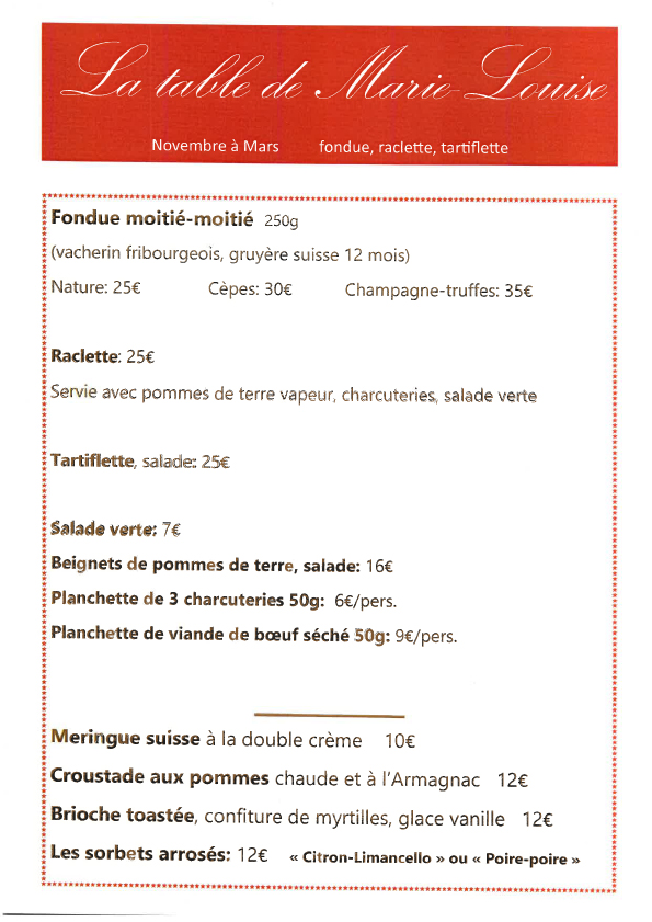 carte Bar à fondue 2025-26 Auberge de Maison Rouge